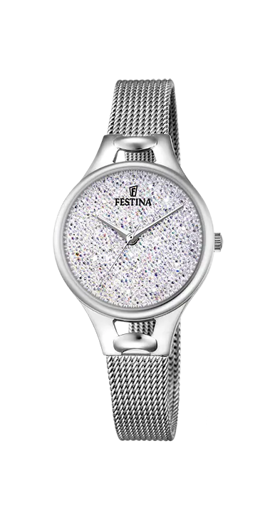 Festina Damenuhr: Mesh-Armband, Kristall-Zifferblatt