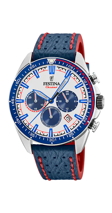 Festina Chronograph: Weiß-blaues Zifferblatt, Lederband