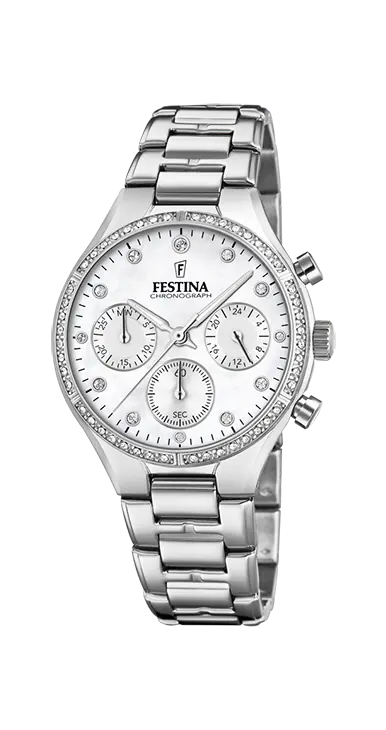 Festina Damen-Chronograph: Edelstahl, Kristallbesatz