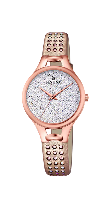 Festina Damenuhr: Roségold, perforiertes Lederband