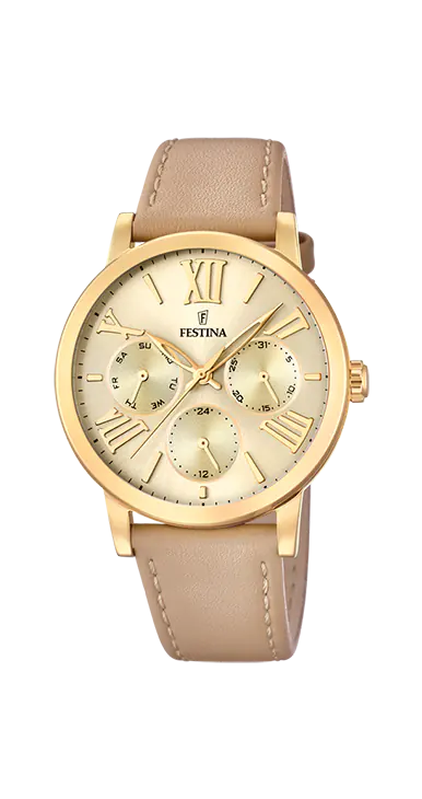 Festina Damenuhr: Goldfarbenes Gehäuse, Lederband