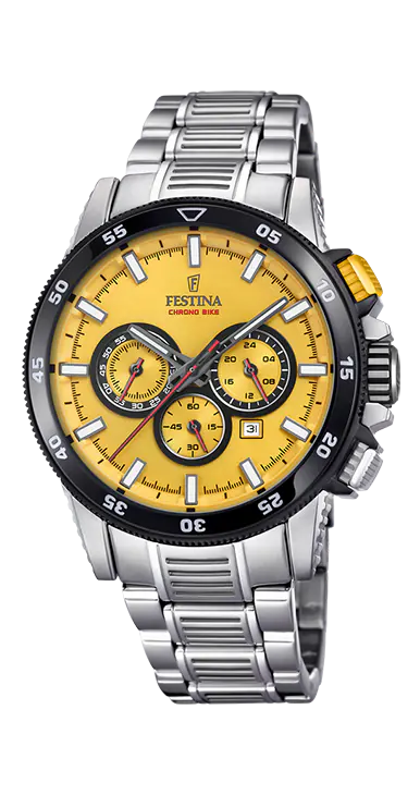Festina Chronograph: Gelbes Zifferblatt, Edelstahlband