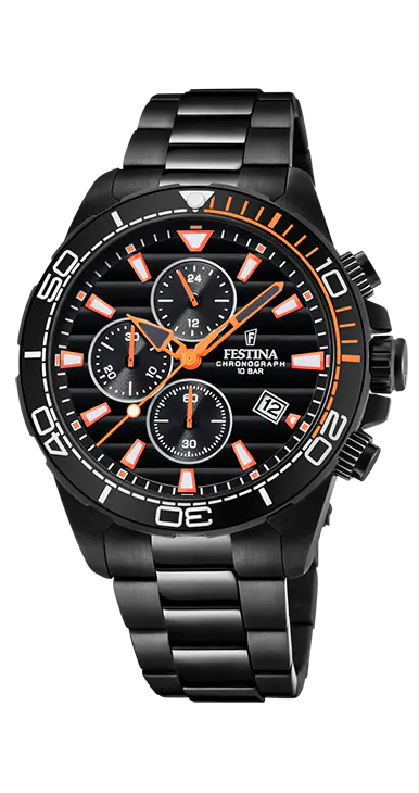 Festina Chronograph: Schwarzes Stahlband, orange Akzente