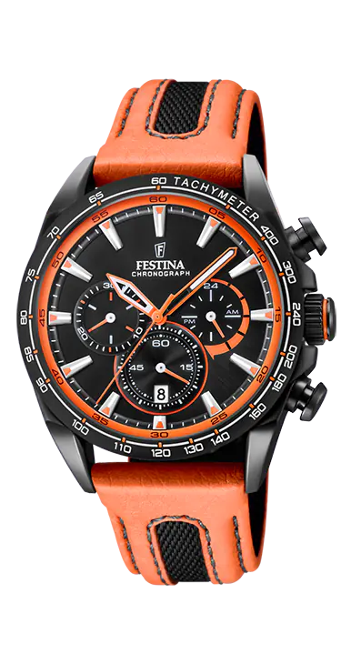 Festina Chronograph: Orangefarbenes Lederband, Tachymeter