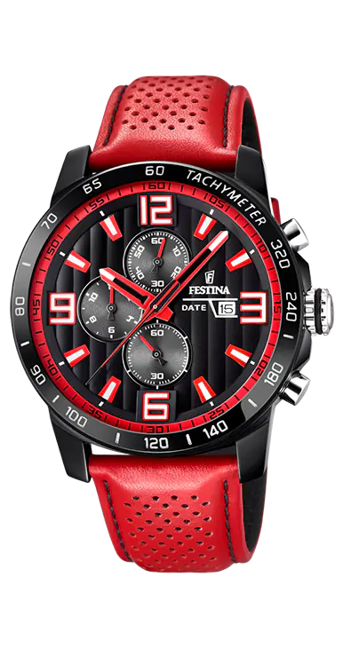 Festina Chronograph: Schwarz-rot, rotes Lederband